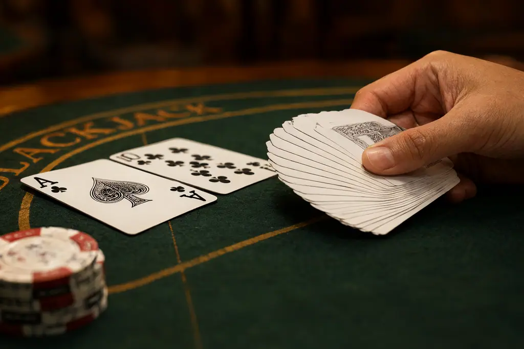 Stół do blackjacka z kartami i polami zakładów