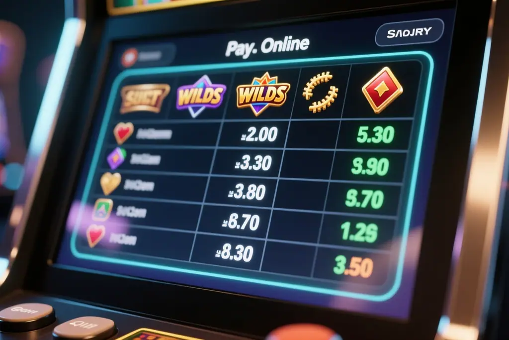 Ekran automatu online z bębnami i tabelą wypłat